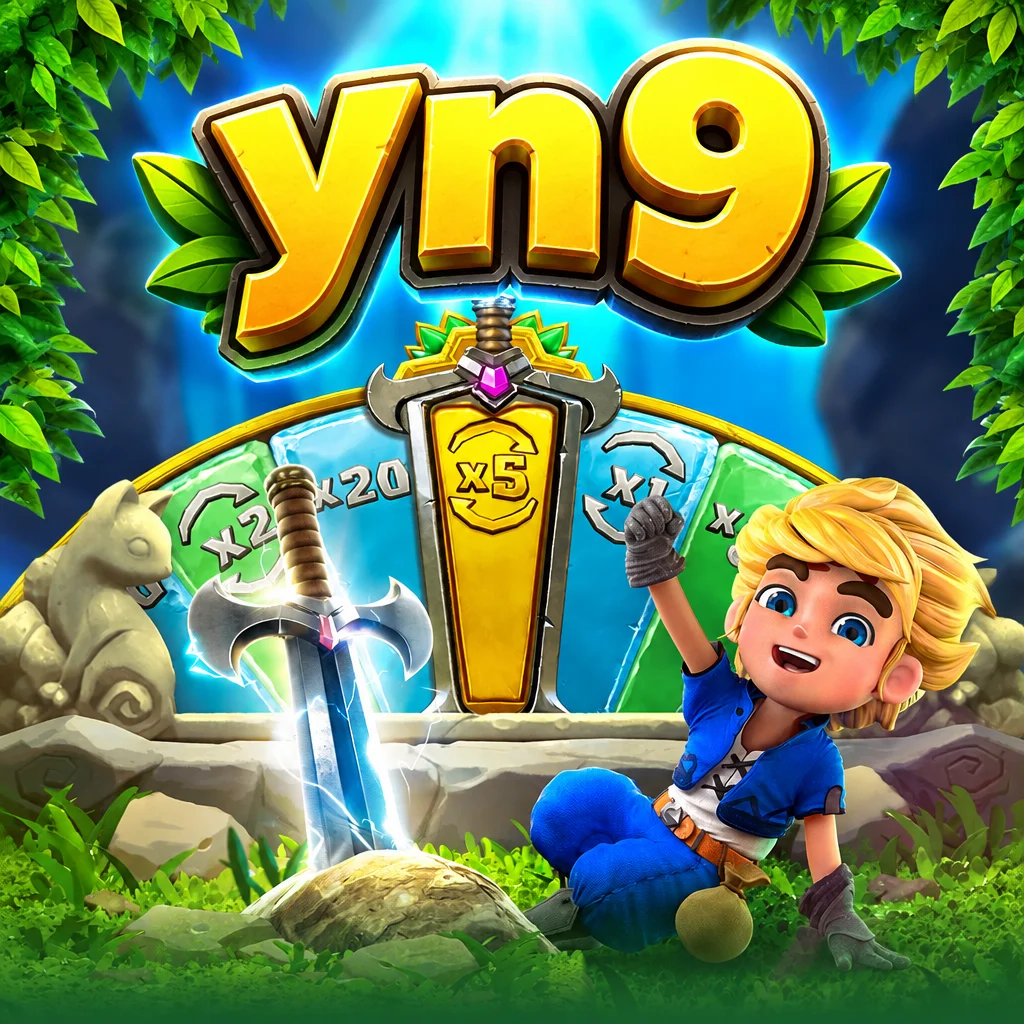 โลโก้ yn9 พร้อมตัวละครผู้กล้า ดาบวิเศษ และวงล้อโบนัสจากเกม Gem Saviour Sword