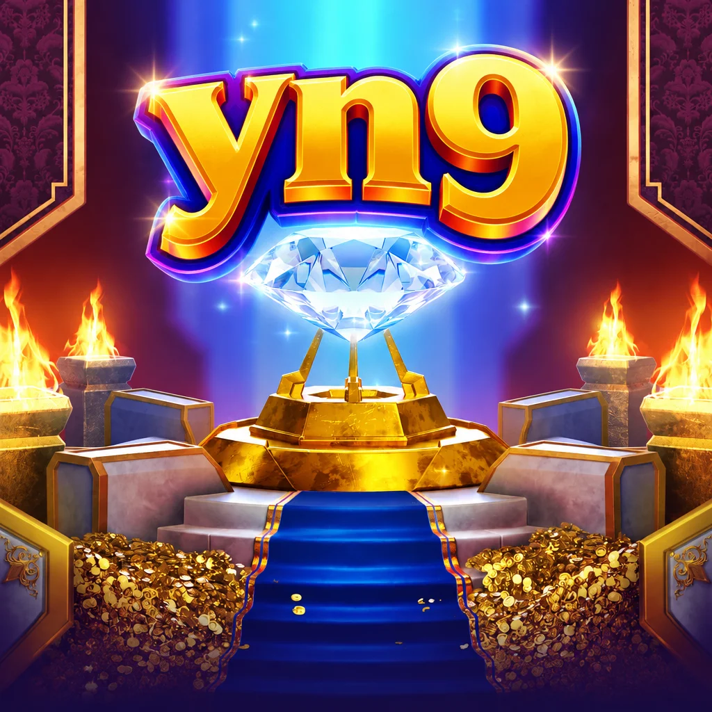 โลโก้ yn9 เหนือแท่นเพชรประกายแสงบนพรมน้ำเงินและกองเหรียญทองในเกม Majestic Treasures